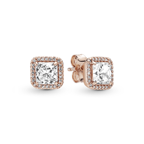 Aretes de botón cuadrados con halo brillante Recubrimiento en Oro Rosa de 14k