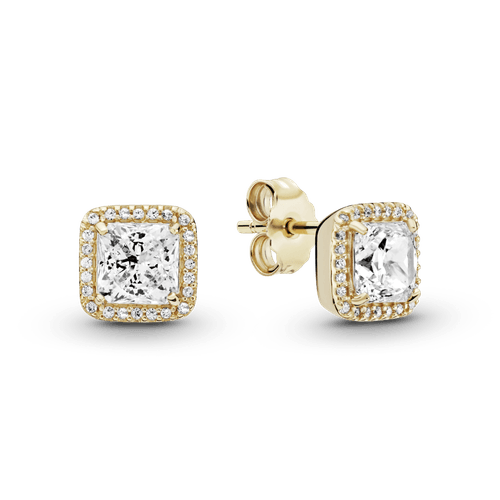 Aretes de botón Oro 14K cuadrados con halo brillante