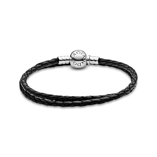 Brazalete doble de cuero negro Pandora Moments