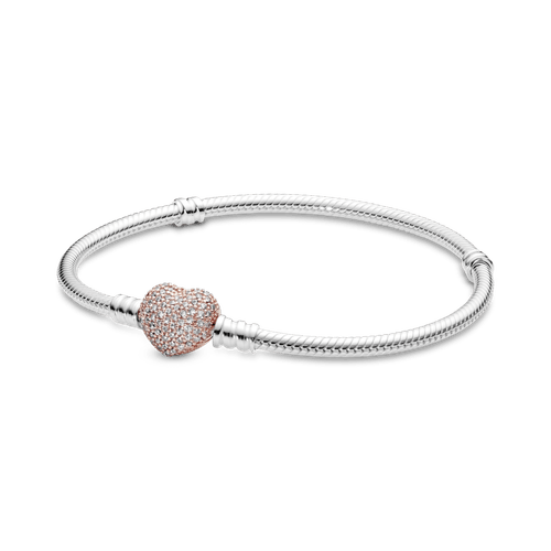 Brazalete Pandora Moments cadena de serpiente con broche brillante de corazón en Recubrimiento en Oro Rosa de 14k