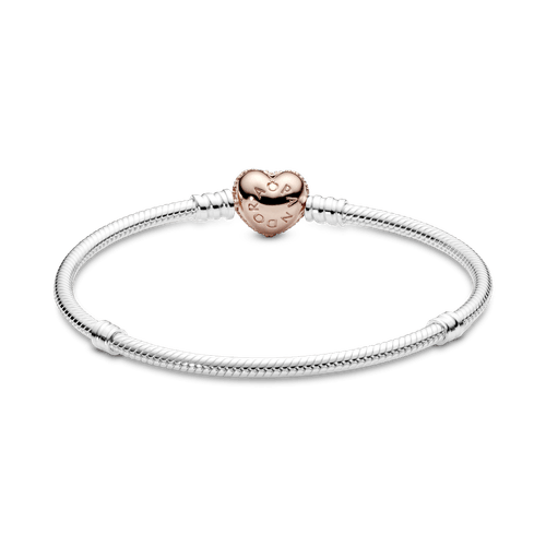 Brazalete Pandora Moments cadena de serpiente con broche brillante de corazón en Recubrimiento en Oro Rosa de 14k