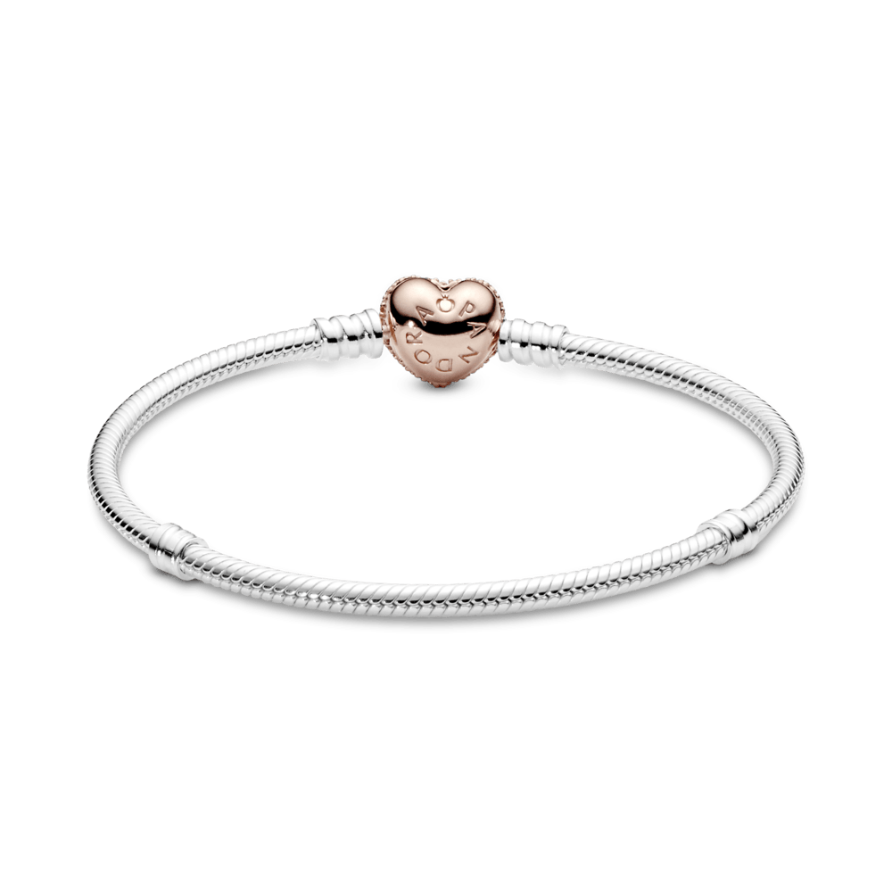 Brazalete Pandora Moments cadena de serpiente con broche brillante corazón en Recubrimiento Oro Rosa 14k