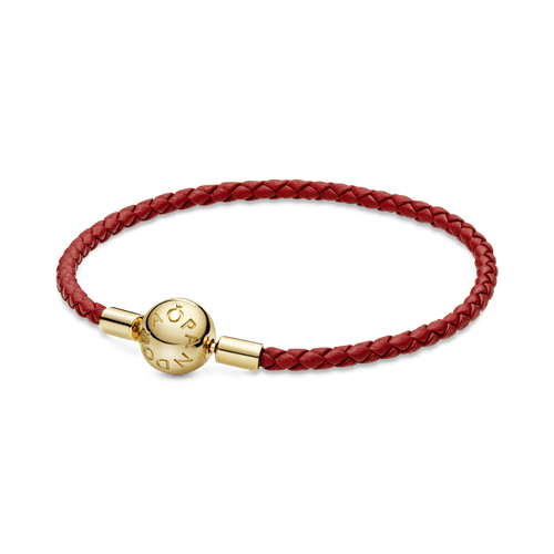 Brazalete De Piel Trenzada Roja Moments De Pandora Recubrimiento en Oro de 14k