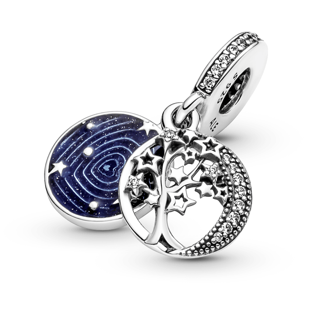 Charm Colgante Doble En Plata De Ley Árbol & Luna De La Galaxia