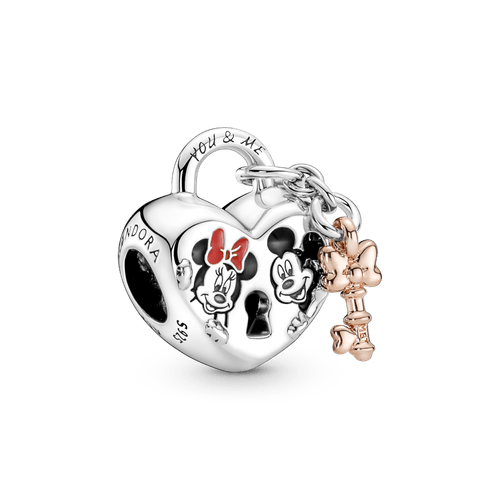 Charm Candado Con Mickey Mouse Y Minnie Mouse De Disney Recubrimiento En Oro Rosa 14k