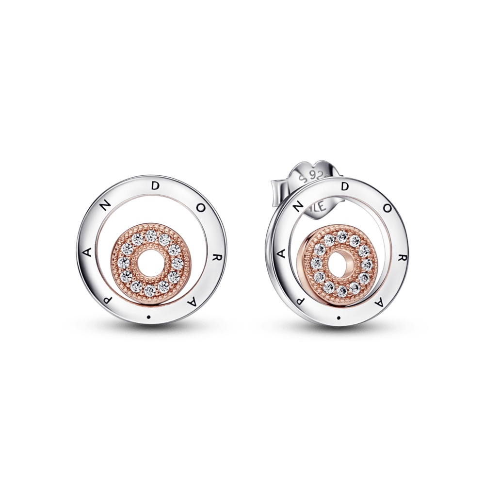 Aretes de botón Círculos de dos tonos con logotipo Pandora Signature