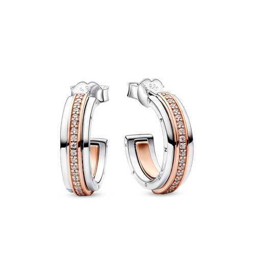 Pendientes de Aro Logo y Pavé en Dos Tonos Pandora Signature Recubrimiento en Oro Rosa de 14k | Pandora Plata Esterlina