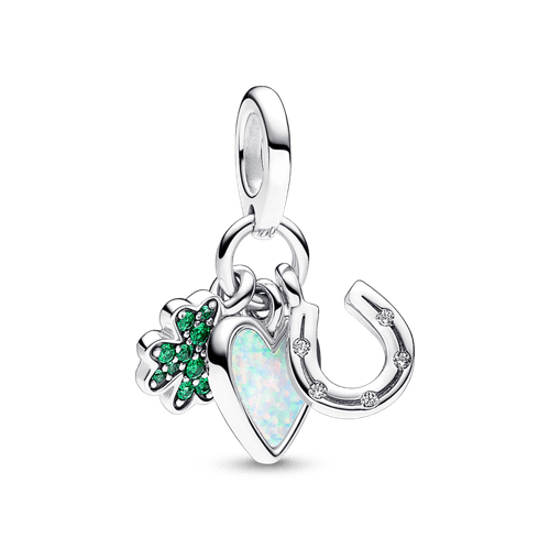 Charm Colgante Triple Trébol de Cuatro Hojas, Corazón y Herradura Pandora Plata Esterlina