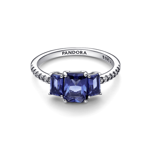 Anillo reluciente con tres piedras rectangulares azules