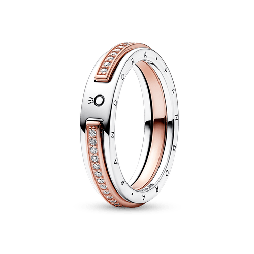 Anillo Logo y Pavé en Dos Tonos Pandora Signature Recubrimiento en Oro Rosa de 14k | Pandora Plata Esterlina