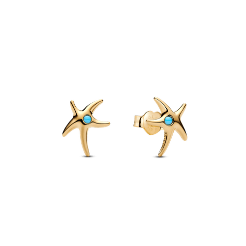 Aretes de Botón Estrella de mar con recubrimiento en oro de 14k con cristal azul Capri
