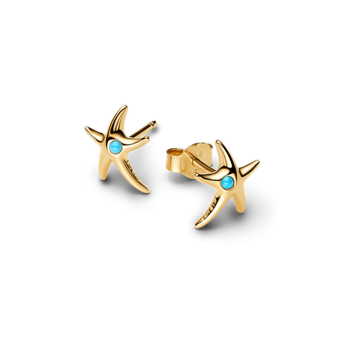 Aretes de Botón Estrella de mar con recubrimiento en oro de 14k con cristal azul Capri